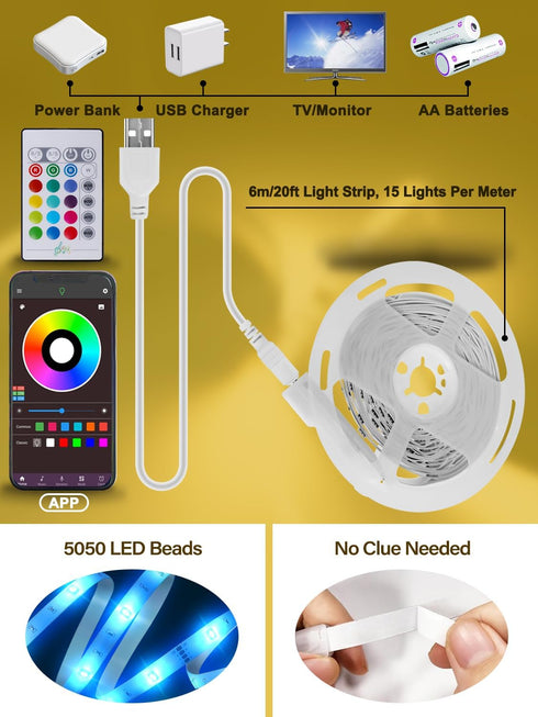 Ledagic 20ft 32-80 Inch, Led Lights for TV, TV Backlight for USB Light Strip with Remote, App Control, RGB Strip Lights