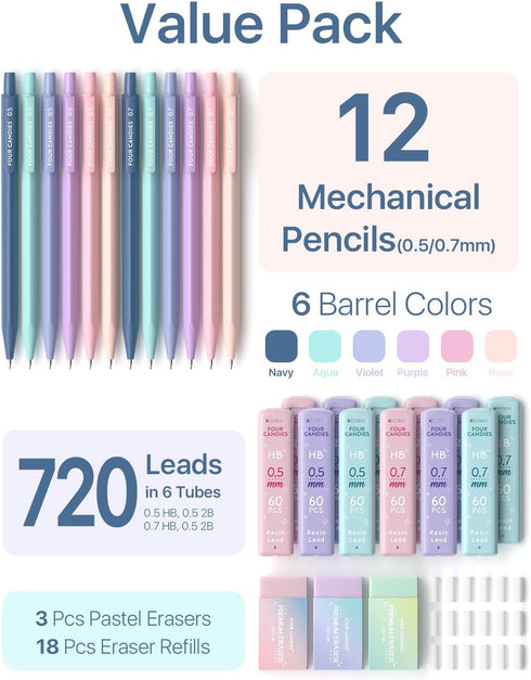Four Candies Mechanical Pencil Set with 0.5 & 0.7mm Lead Refills, 29-Count Pack with Case