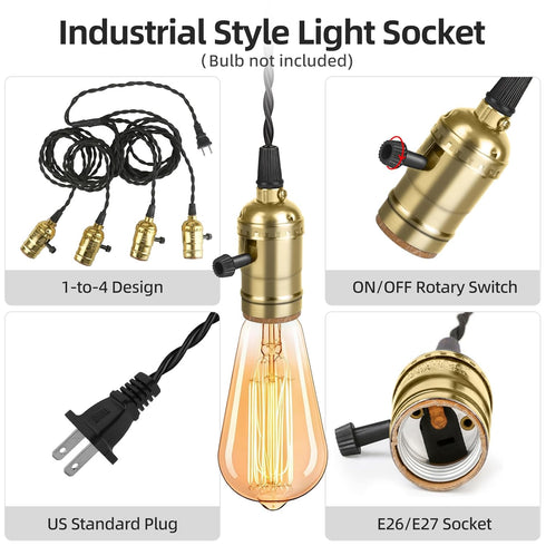 1-to-4 E26/E27 Vintage Plug-in Pendant Light Kit with Hanging Sockets, Industrial Hanging Light with Individual Rotary