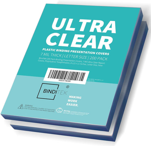 Binditek 200 Pack 7 Mil Ultra Clear Binding Presentation Covers, 8-1/2 x 11 Inches Report Covers for Binding, Letter