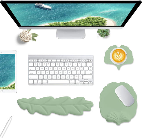Set, Keyboard Wrist Rest and Mouse Pad with Wrist Support Ergonomic Leaf Shape Mouse Pad with Non-Slip Base, Pain