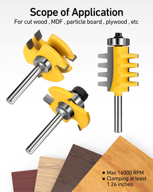 1/4-Inch Set 3 Pack Set, Shank Tongue and Groove Router Bits & Reversible Finger Joint Router Bit, Router Bit