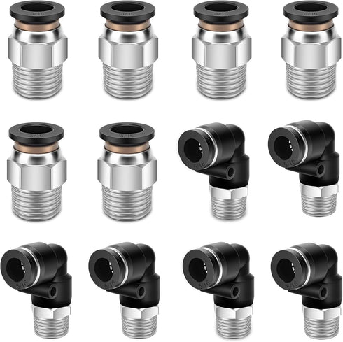 12 Pcs Push to Connect Fittings 5/16 Inch Tube OD x 1/4 Inch NPT Thread Pneumatic Male Straight and Elbow Quick Connect