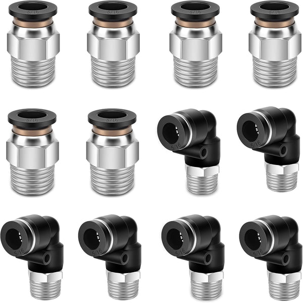 12 Pcs Push to Connect Fittings 5/16 Inch Tube OD x 1/4 Inch NPT Thread Pneumatic Male Straight and Elbow Quick Connect