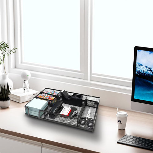Black Office Desk Accessories Set, Desk Drawer Organizer with Stapler, Tape Dispenser, Scissors, and Sticky Notes