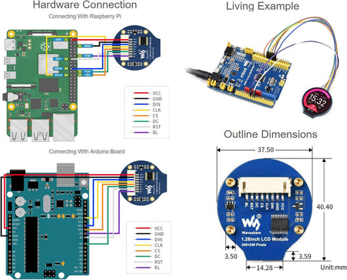 waveshare 1.28 inch 65K 240240 GC9A01 Round LCD Display Module for Raspberry Pi/Jetson Nano RGB Colors Resolution