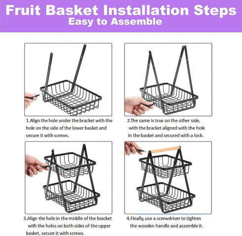PAUANI 2/3 Haves(Black,3Layers) Tier Bread Vegetable Basket, Detachable Mesh Fruit Rack with Wooden Handle, Kitchens