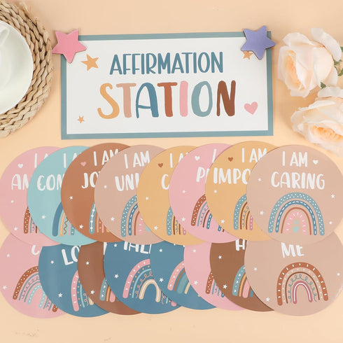 BOHO Affirmation Station Bulletin Board Set with Rainbow Positive Cutouts for Classroom, Inspirational Growth Mindset