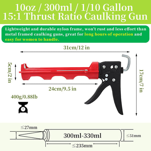 Drip-Free Caulking Gun Applicator, 15:1 Thrust Ratio, Lightweight Nylon Frame for 10oz/300ml Caulk Tubes