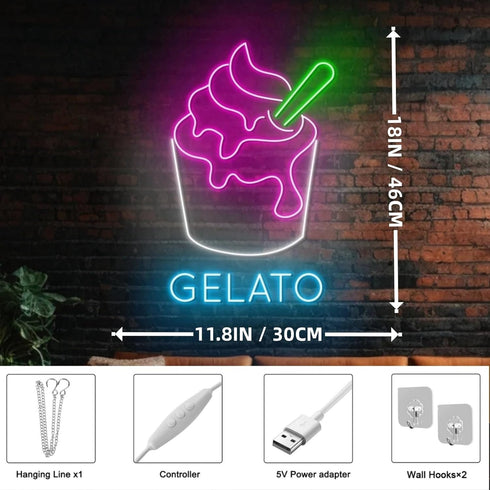 Open Gelato Ice Cream Shop Led Sign, Gelato Ice Cream Wall Led Light, ice cream Dessert Decor for Business Store Cafe