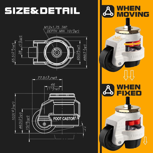 Retractable Leveling Machine Casters, 4 Pcs, 4400 lbs Capacity, Heavy Duty 1100 lbs Each Caster