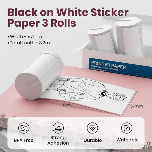 PM290C 54mmx3.2m 3 Genuine Self-Adhesive Thermal Printer Stickers, Compatible with Mini Sticker Printer, Black on