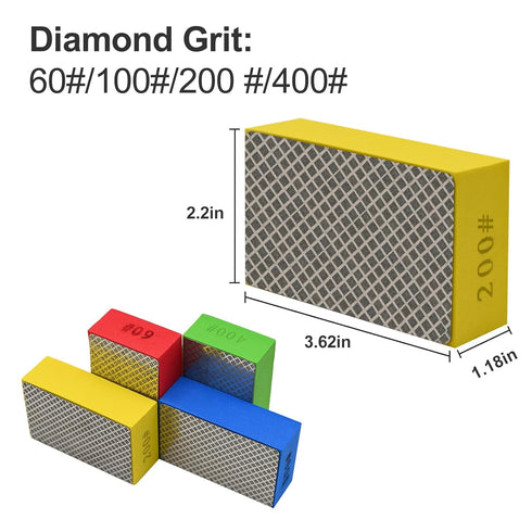 4pcs Diamond Hand Polishing Pads for Sanding Ceramic Tile Glass, Polishing Blocks 60#, 100#, 200#, 400#