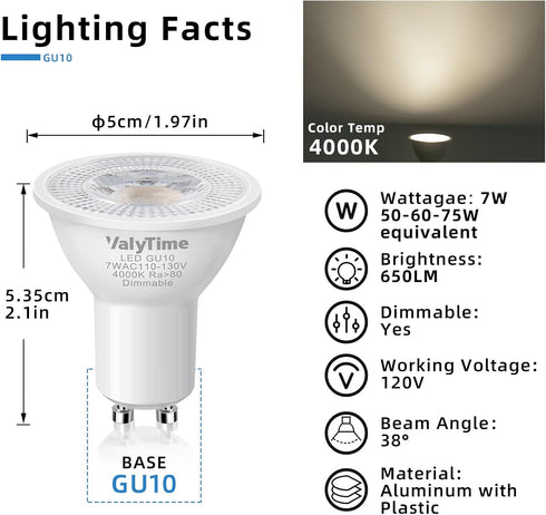 Dimmable GU10 LED Bulbs 7W(50W -60W-75W Equivalent) GU10 Light Bulbs Gu10 Shape Halogen Replacement Bulb 38 120V 650Lm for Track Spot Lighting Indoor Recessed,Natural White 4000K,10 Pack by Valytime