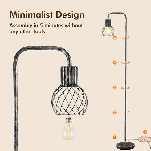 6W Bulb, Industrial Floor Lamp, Antique Silver Standing Lamp Modern with LED Foot Switch, Metal Tall Lamps for Living