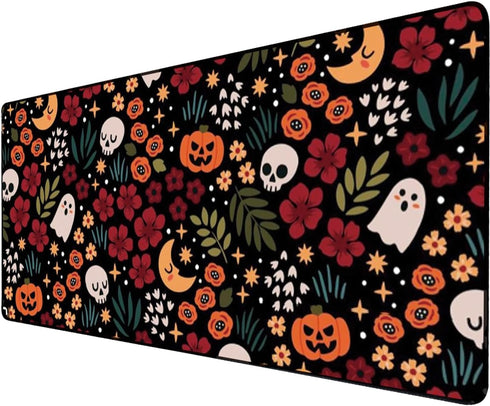 Halloween Skull Mouse Pad, Large Gaming Mat with Flowers and Pumpkins for Desktop Computer, 16x36