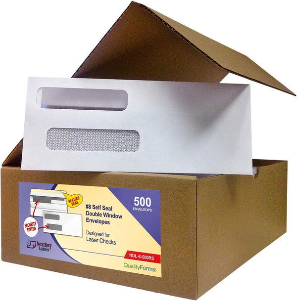 NextDayLabels Box of 500 Ready-Seal Double Window Security Tinted Check Envelopes for Laser Checks, #8 Envelopes