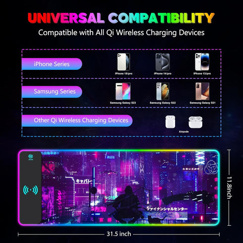 RGB Mouse Pad with 15W Wireless Charging, Purple Anime Neon Extended Large LED Gaming Pad, 10 Light Modes for Home