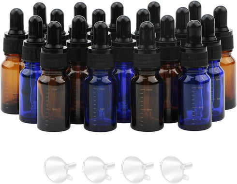 20-Pack 10 ml Glass Dropper Bottle Set, Amber and Blue Glass Bottles with Dropper