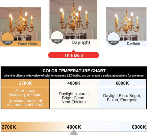 winshine E12 Candelabra LED Bulbs Dimmable 4000K Daylight, 60W Equivalent, 6 Pack
