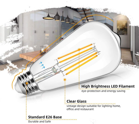 4-Pack Vintage 8W ST64 LED Edison Light Bulbs, 100W Equivalent, 1400 Lumens, 2700K Warm White, E26 Base, Non-Dimmable