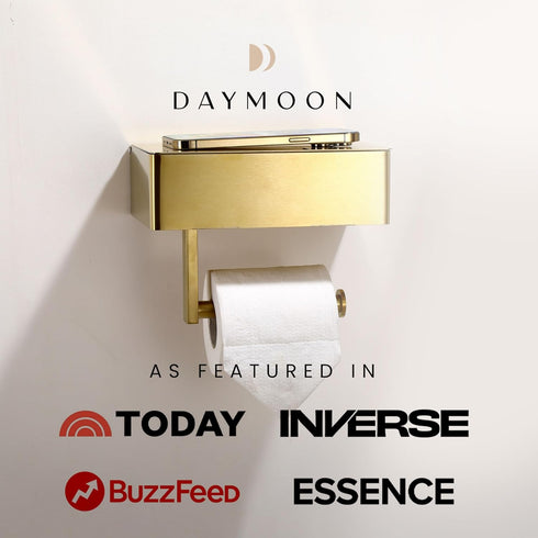 1 Pack Day Moon - Toilet Paper Holder with Shelf - Modern Roll Holder for Bathroom - - Wall Mount - with Storage, Gold