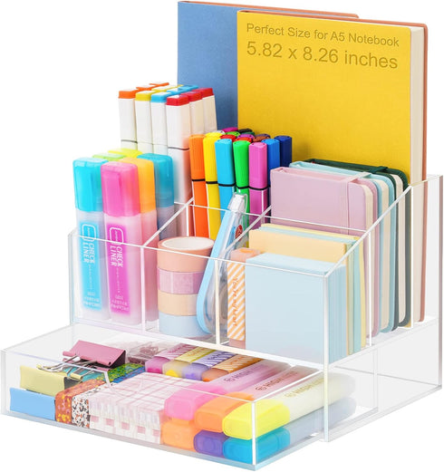 VITVITI Acrylic Desk Organizer, Upgraded Clear Pencil Organizer with Drawer, 7 Compartments for Office Supply
