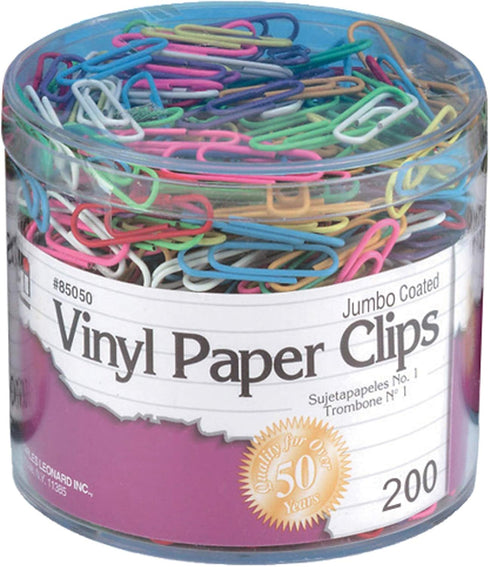 Charles Leonard Vinyl Coated Jumbo Paper Clips - Assorted Colors, 200 Per Pack, 6 Packs