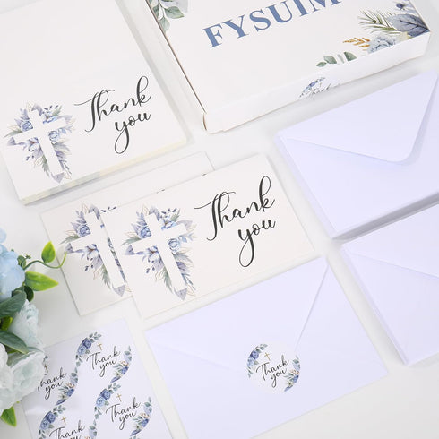 50Pcs FYSUIMU Funeral Thank You Card Cross Flower Sympathy Boxed Thank You Card with Sticker Envelope Blue Floral