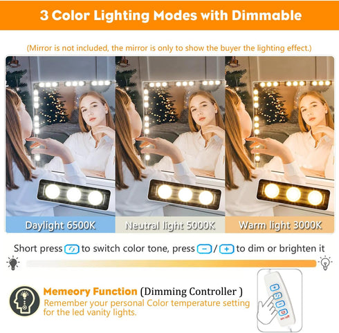 DLOMT 3 Dimmable Vanity Lights for Mirror LED Makeup Light Strip with Color Temperature Lighting Modes and Stick on