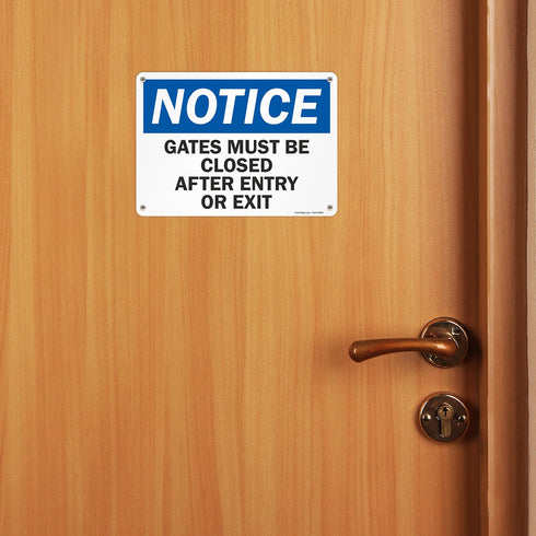 SmartSign-U9-1435-NA "Notice - Gates Must Be Closed After Entry Or Exit" Sign | Aluminum 10" x 14" - Black/Blue on White