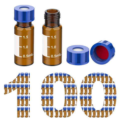 Membrane Solutions Autosampler Vials, 2ml HPLC Vials with Write-on Spot, 100 Pcs with Blue ABS Screw Caps