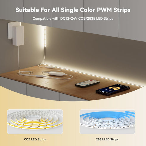PAUTIX Dimmer Google,14-Key 12-24V 3528/2835/5050/COB RF WiFi Smart Remote for Single Color LED Strip Lights,Compatible