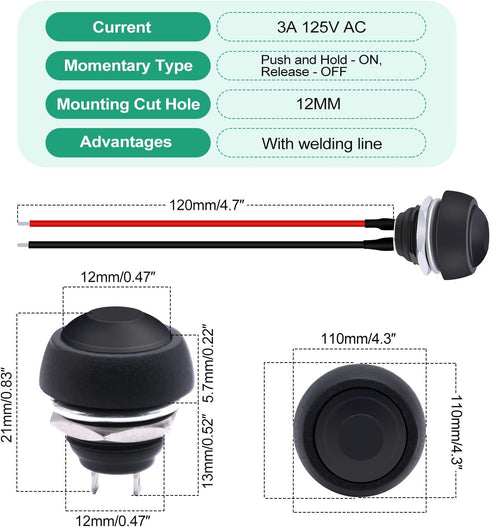 Twidec 6Pcs Momentary Push Button Switch - 12mm On Off Mini Round Waterproof Black with Pre-soldered Wires