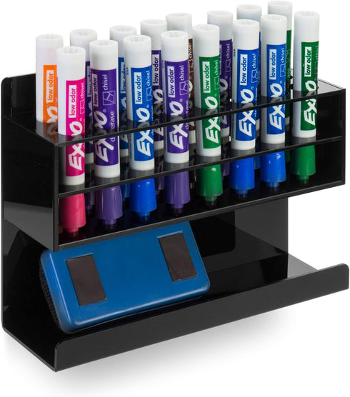 MyGift Wall Mounted Premium Black Acrylic Dry Erase Marker Holder with 16 Slots for Marker Pens and Eraser Storage Tray