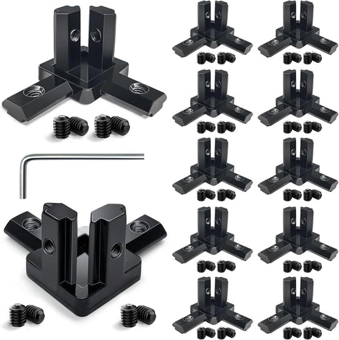 12Pcs Black 2020 Series 3-Way End Corner Bracket Connector with Screws + 1 Wrench for Slot 6mm 20S Aluminum Rail