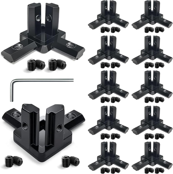 12Pcs Black 2020 Series 3-Way End Corner Bracket Connector with Screws + 1 Wrench for Slot 6mm 20S Aluminum Rail