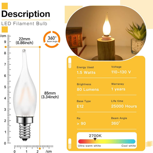 Genixgreen 12 Pack Frosted LED Candelabra Bulbs, Night Light Bulb 15 Watt Equivalent 1.5W E12 Mini Candle Bulb, 2700K