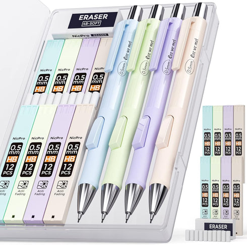 Nicpro 4PCS Pastel Mechanical Pencil 0.5mm, Cute Fast Click Set with 100PCS HB Lead Refills