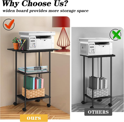 Black Printer Stand with Storage, 3 Tier Rolling Cart with Wheels, Large Printer Table for Home Office