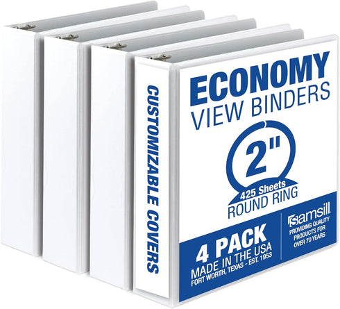 Samsill Economy 2 Inch 3 Ring Binder, Made in The USA, Customizable Clear View Cover, White, 4 Pack