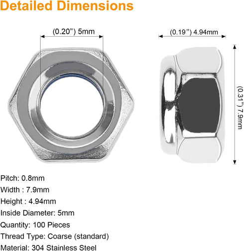 100 Pieces M5 x 0.8mm 304 Stainless Steel Self-Lock Nylon Inserted Hex Lock Nuts