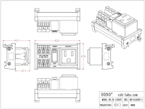 DIN Rail Mount AC 120V NEMA 5-15R Single Receptacle Outlet Power Strip Module with Rocker Switch Thermal Circuit