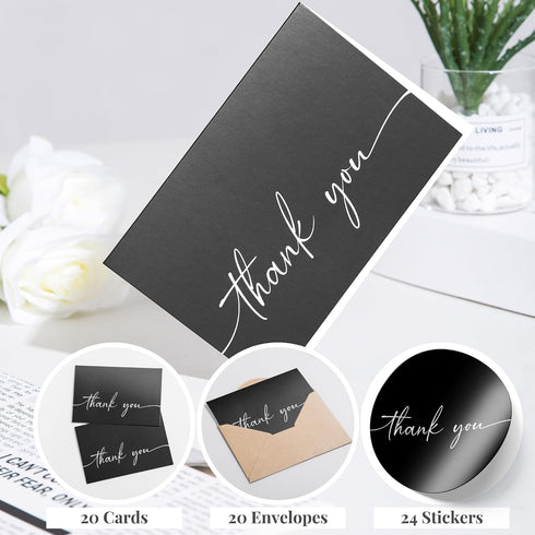 Pack 20 4x6 Inches Bulk of Thank You Cards with Envelopes & Stickers, Black Thank You Cards - Suitable for Business