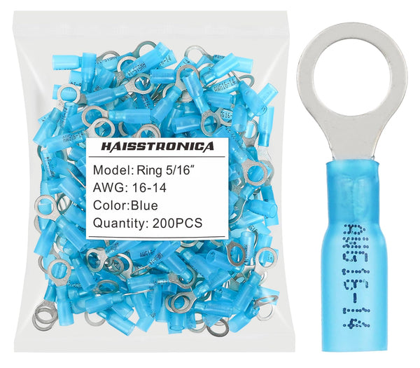 haisstronica 200pcs 5/16" Blue Marine Grade Heat Shrink Ring Connectors, 16-14 Gauge Tinned Red Copper
