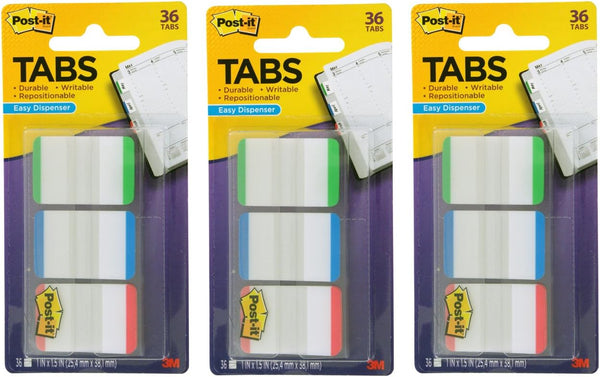 Post-it Tabs, On-The-Go Dispenser, 1-Inch Lined, Green, Blue, Red, 12 Tabs/Color, 108 Tabs/Dispenser