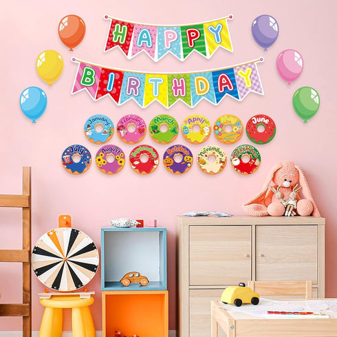Donut Happy Birthday Bulletin Board Set, Let's Celebrate Happy Birthday Balloon Donut Accents for Classrooms