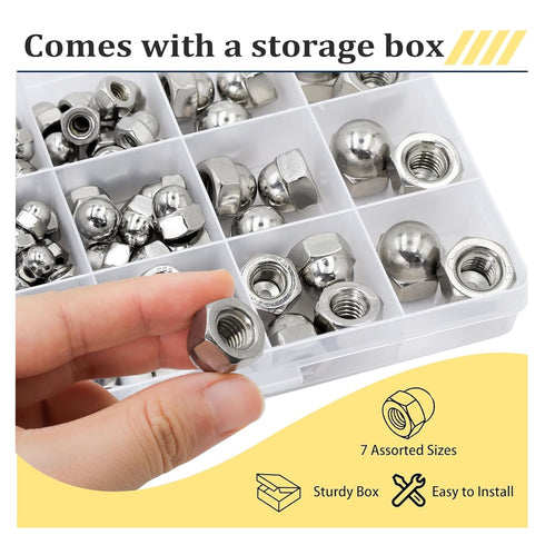 Vifmy 304 Kit(100PCS), 6#32 8#32 10#24 10#32 1/4"-20 5/16"-18 3/8"-16 Sets, Stainless Steel Acorn Nuts Assortment SAE