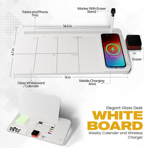 NEXTLUXE Small Glass Desk Whiteboard with Wireless Charger, Weekly Calendar Planner, Dry Erase Computer Pad, Organizer