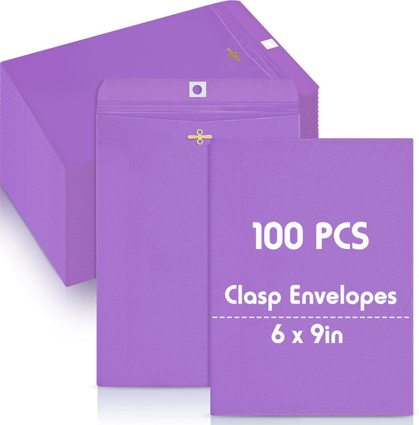 Geyee 100 Pcs Clasp Envelopes, Manila Gummed Mailing Envelopes for Home Office Business Supplies (Purple, 6 x 9 Inch)